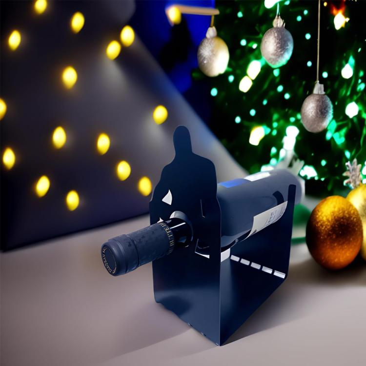 Black acrylic desktop wine rack displaying a wine bottle and silhouette holder