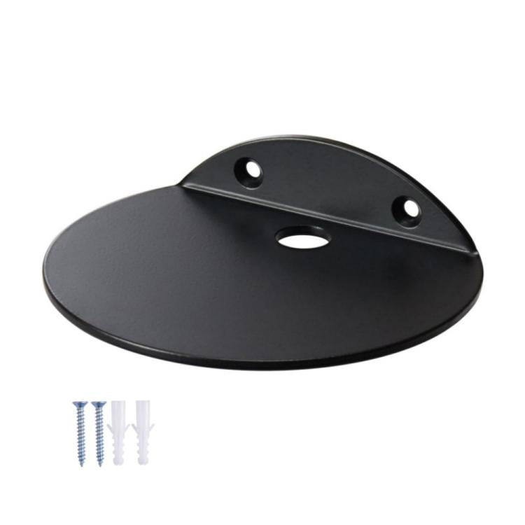 Black wall-mount storage rack with oval center opening and two mounting holes