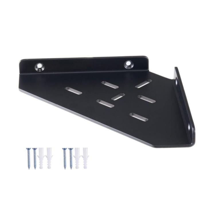 Black triangular wall-mounted acrylic shelf with perforated slots and included screws