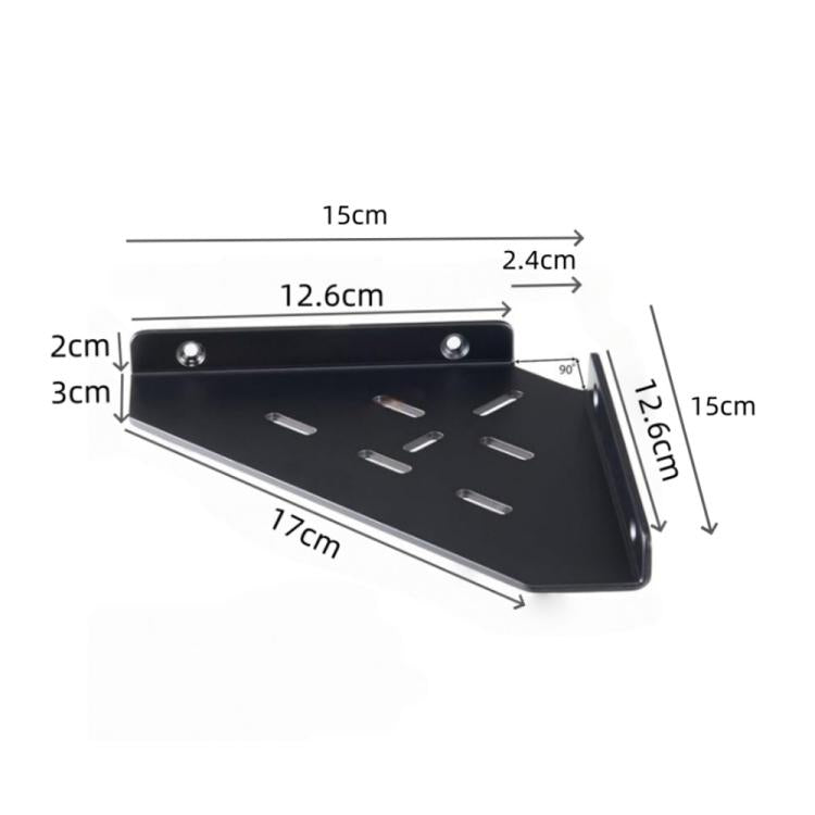 Triangular wall-mounted acrylic shelf with mounting holes and front open tray design