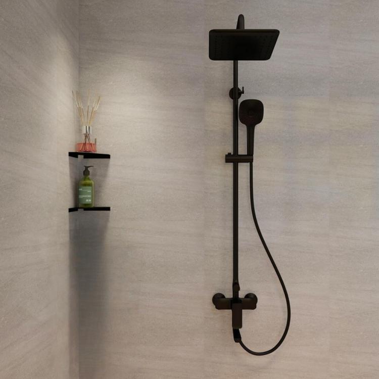 Wall-mounted triangular black corner shelf set with two tiers for bathroom items