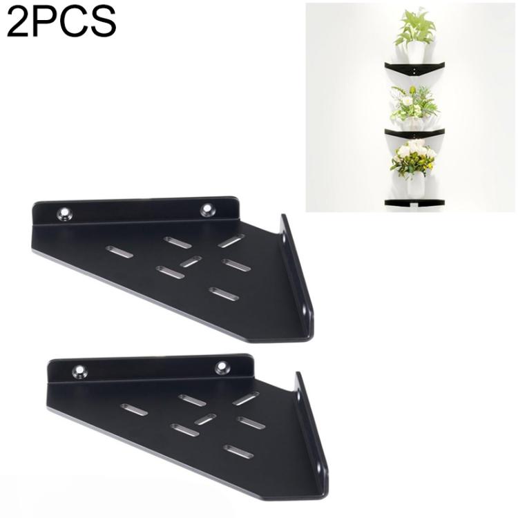 Set of two black triangular wall-mounted acrylic corner shelves with mounting screws