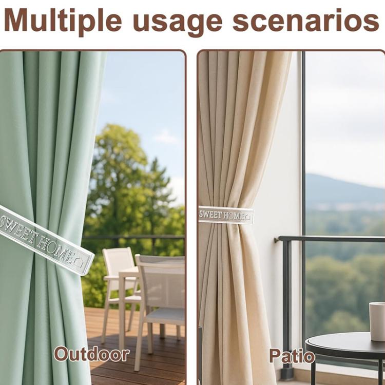 Clear acrylic curtain tieback holder clips securing curtains on patio