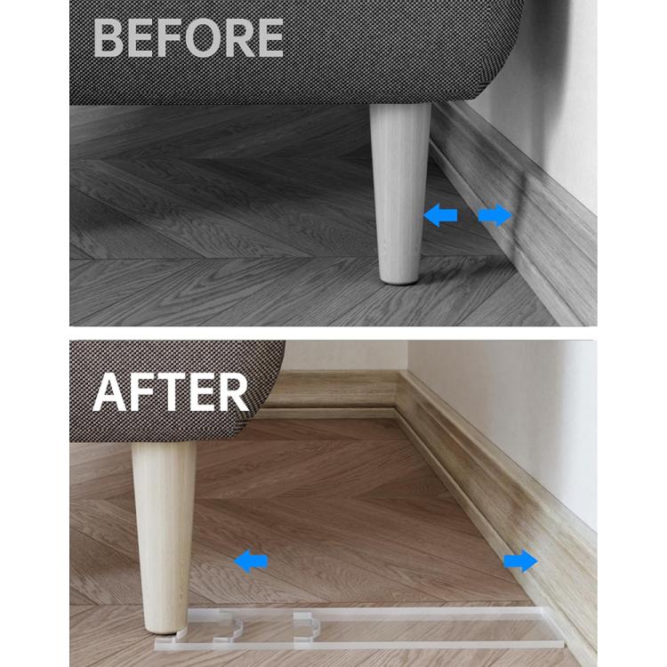 Clear acrylic furniture leg spacers lifting feet above the floor surface