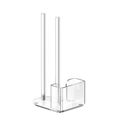 Transparent acrylic mason jar lid storage rack with two tall posts and lid compartments