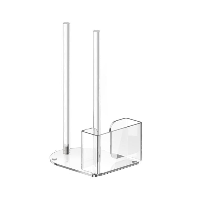 Transparent acrylic mason jar lid holder rack with two vertical posts and side compartments