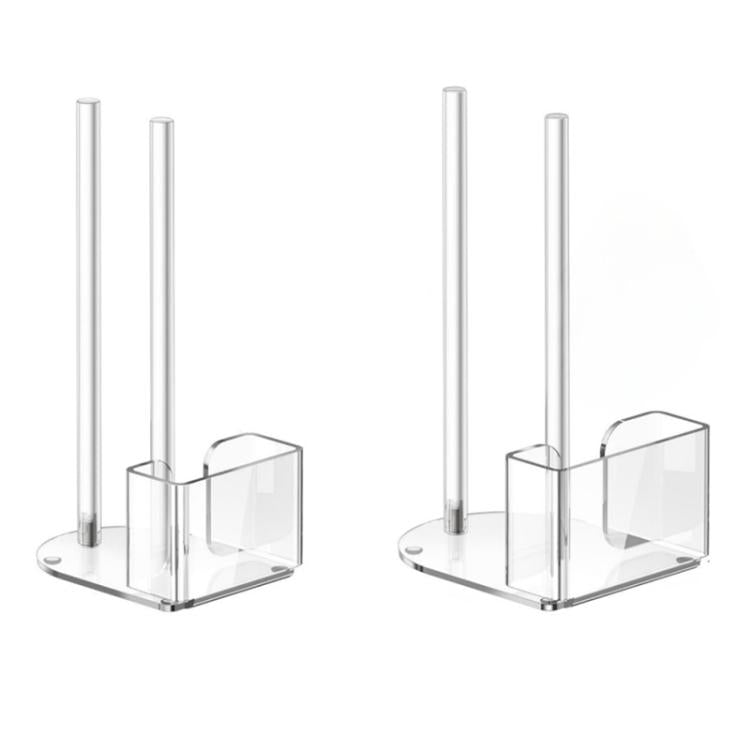 Pair of transparent acrylic mason jar lid storage racks, each with two posts and a base