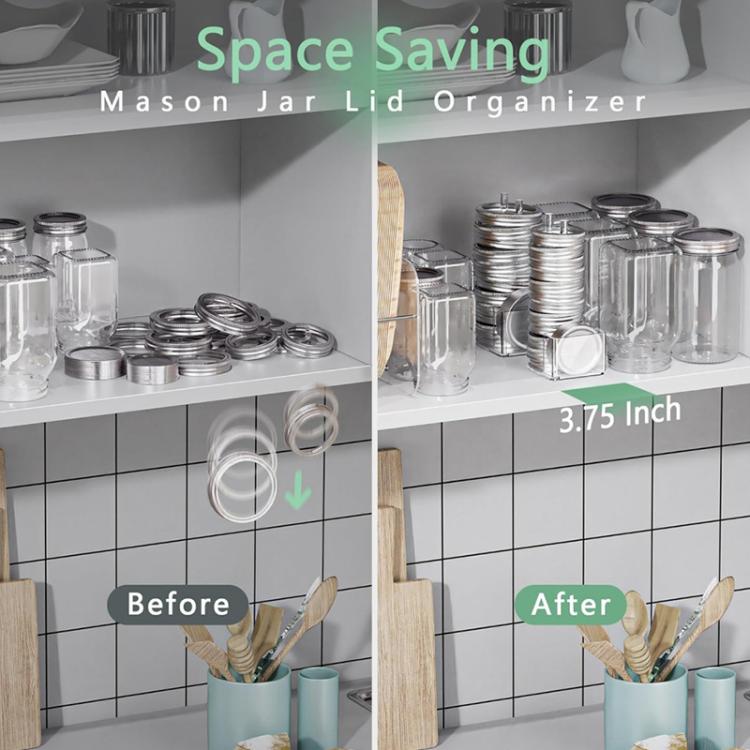 Transparent acrylic mason jar lid organizer rack on a shelf with space-saving footprint
