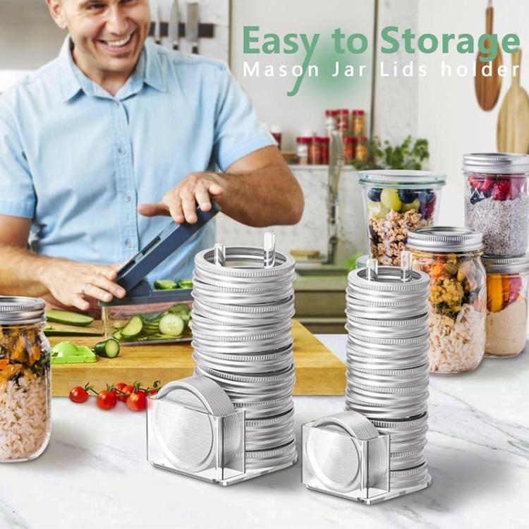 Transparent acrylic mason jar lid organizer rack on kitchen counter with two lid holders