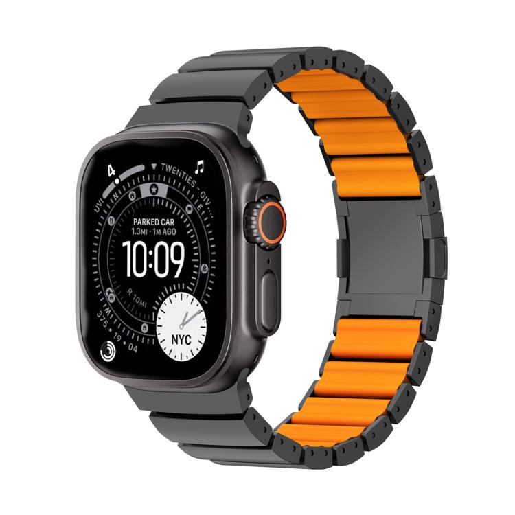 Dark gray Apple Watch band with bright orange inner links, shown attached to a watch.