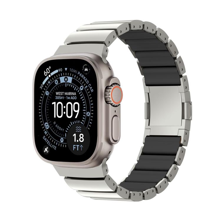 Silver titanium alloy watch band with black silicone links, shown on a smartwatch.