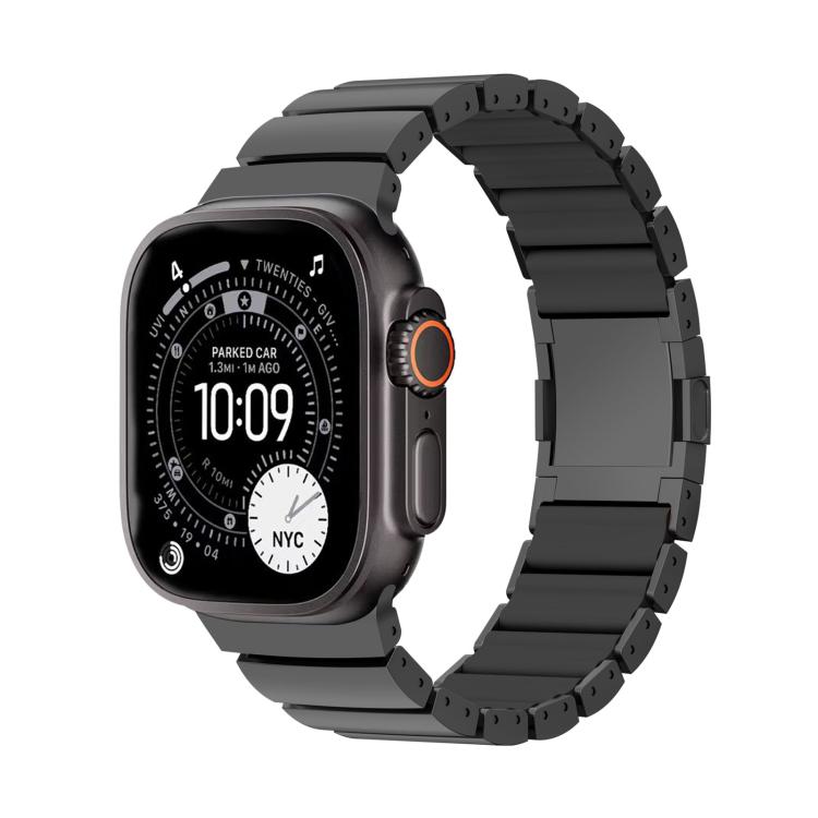 Black titanium alloy watch band with black silicone links, shown on a smartwatch.
