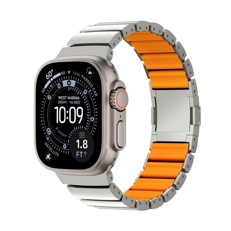 Silver titanium alloy watch band with orange silicone links