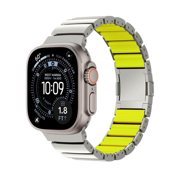 Silver titanium alloy watch band with bright yellow silicone links