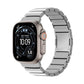 Silver linked Apple Watch band shown from the front with the watch attached.