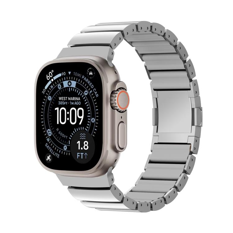 Silver linked Apple Watch band shown from the front with the watch attached.