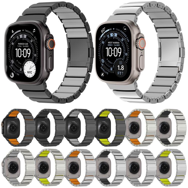 Titanium alloy watch band shown in dark and silver finishes with colored silicone links