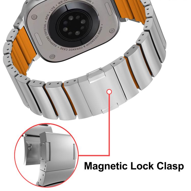 Silver and orange linked Apple Watch band with a close-up of its magnetic clasp.