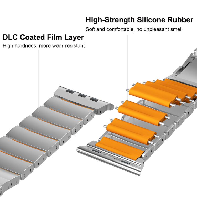 Exploded view of silver titanium alloy band links with removable orange silicone inserts