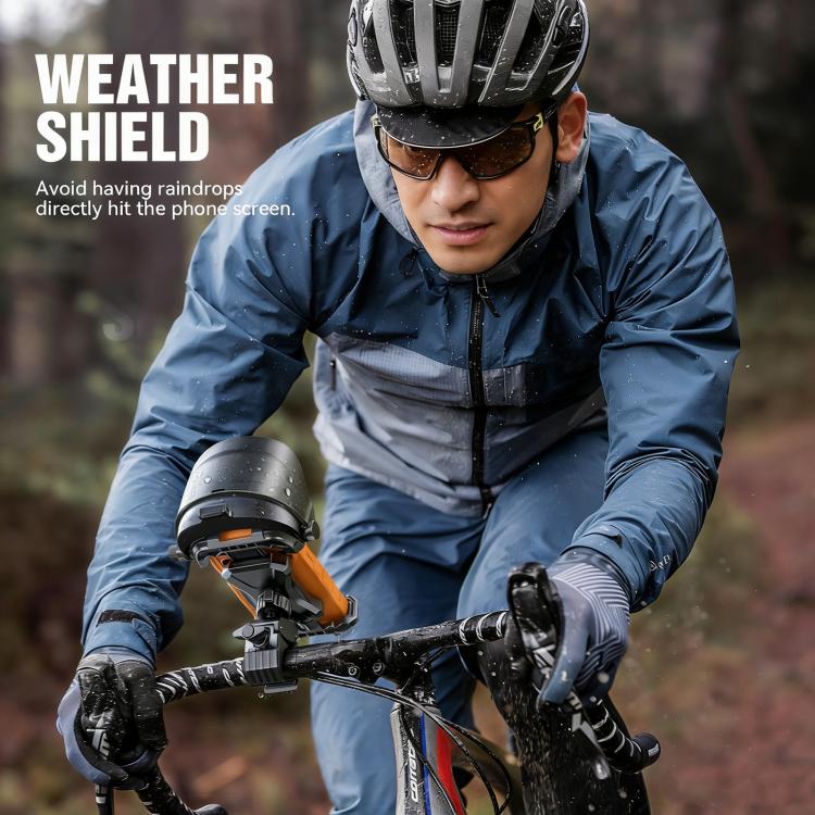 Cycling sunshade phone holder mounted on handlebars, dark cradle and tinted cover