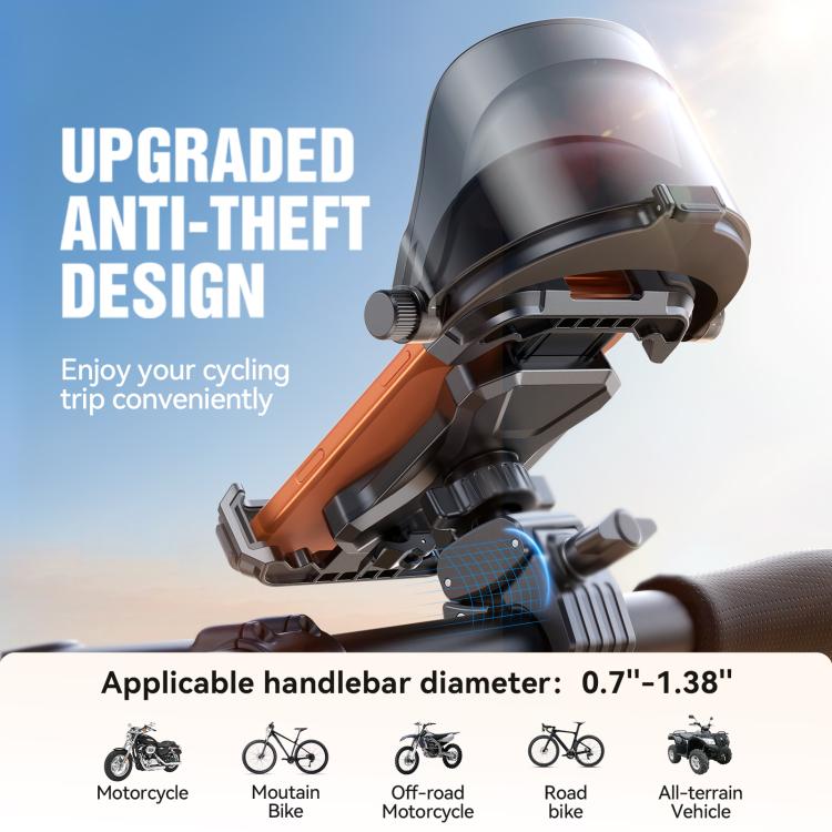 Cycling phone holder with sunshade, dark cradle with orange anti-theft style bar