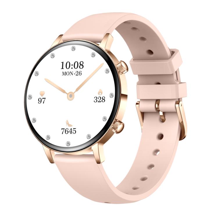 Smartwatch with rose gold case, pale pink silicone strap, and round jeweled display.