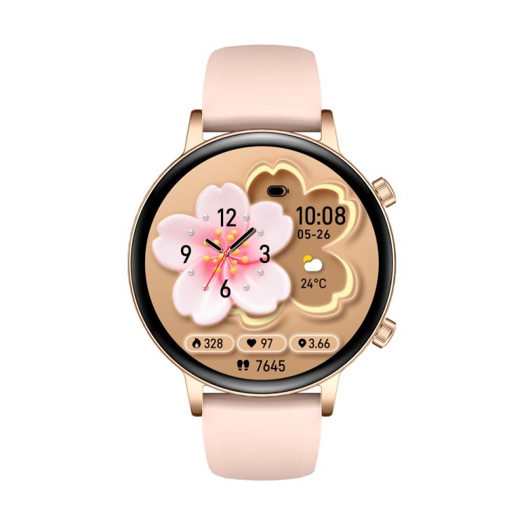 Smartwatch with rose gold case and pale pink silicone strap, showing a floral watch face.