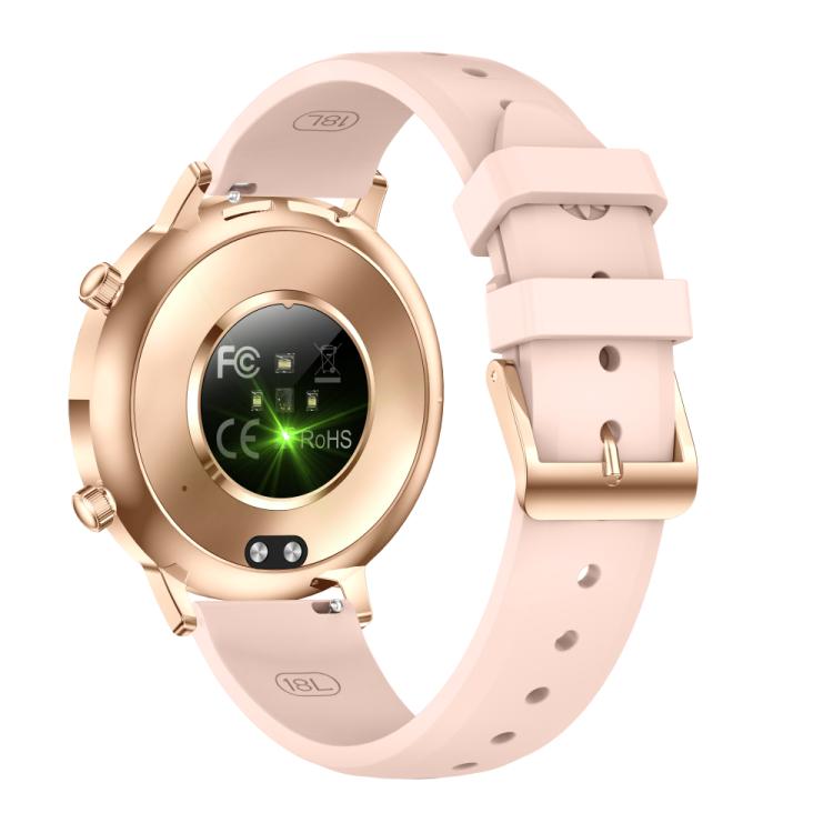 Smartwatch with rose gold case and pale pink silicone strap, shown from the back.