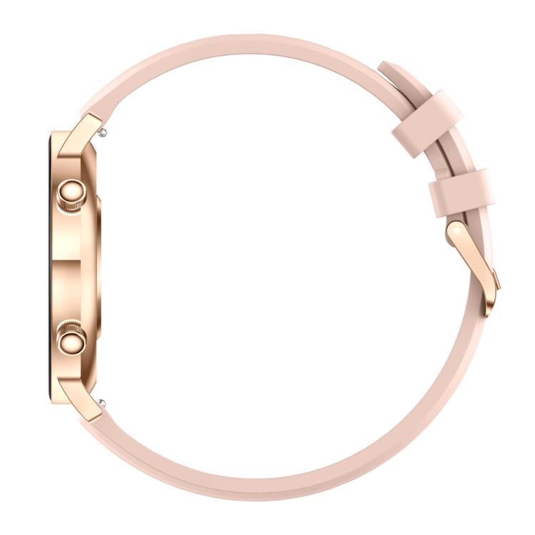 Smartwatch with rose gold case and pale pink silicone strap, shown in profile.