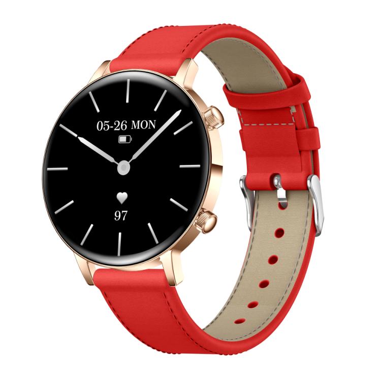 Smartwatch with rose gold case, red leather strap, and black watch face.