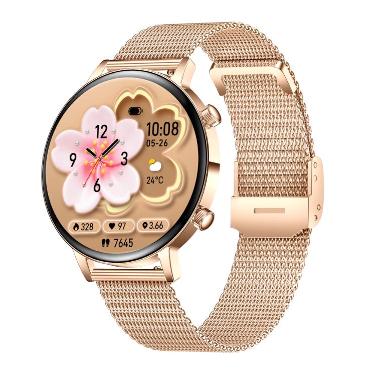 Smartwatch with rose gold case and matching mesh metal band, showing a floral watch face.