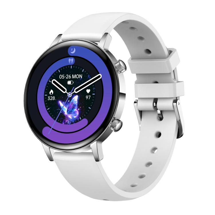 Smartwatch with silver case, white silicone strap, and colorful circular watch face.