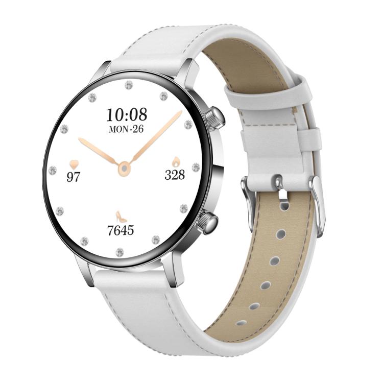 Smartwatch with silver case, white leather strap, and round jeweled display.