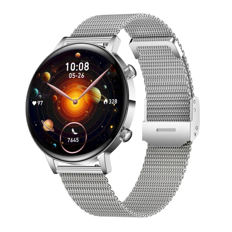 Smartwatch with silver case and matching mesh metal band, showing a solar system watch face.
