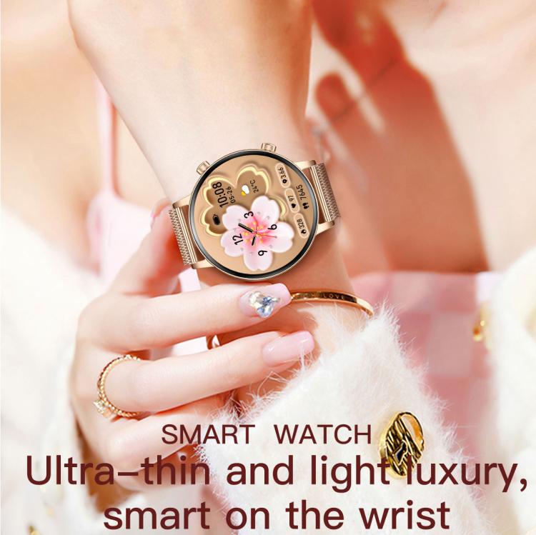 QS03 women's smartwatch with gold-tone case, pink strap and floral AMOLED display
