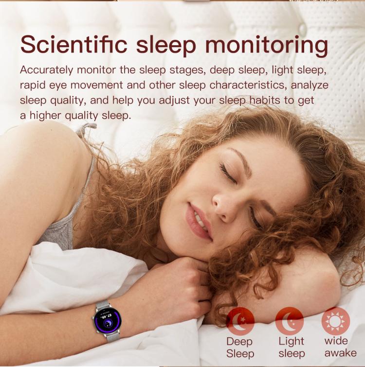 QS03 smartwatch with silver-tone case displaying sleep monitoring data