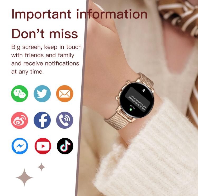 Round smartwatch with a gold-tone case, pink-gold mesh band, and black display