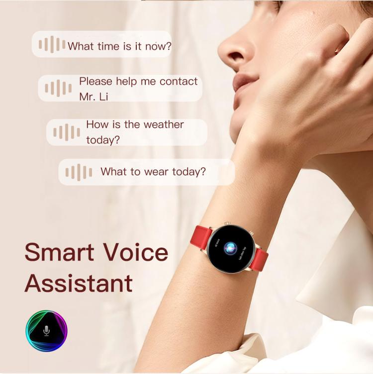 Round smartwatch with a gold-tone case, red strap, and black display