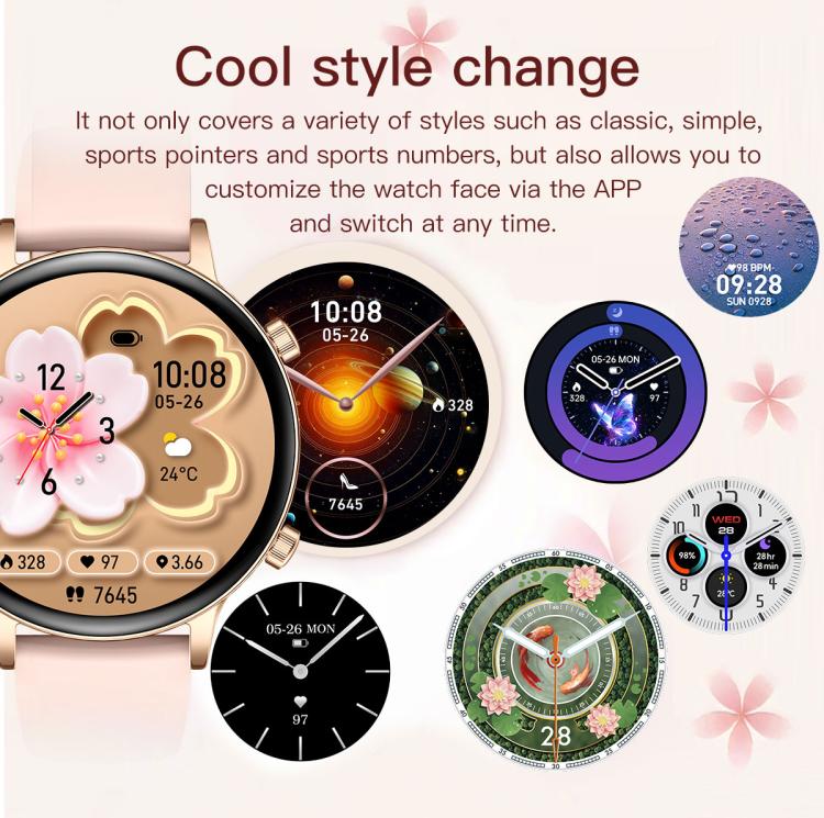 Round smartwatch with a gold-tone case and pink strap, shown with interchangeable watch faces