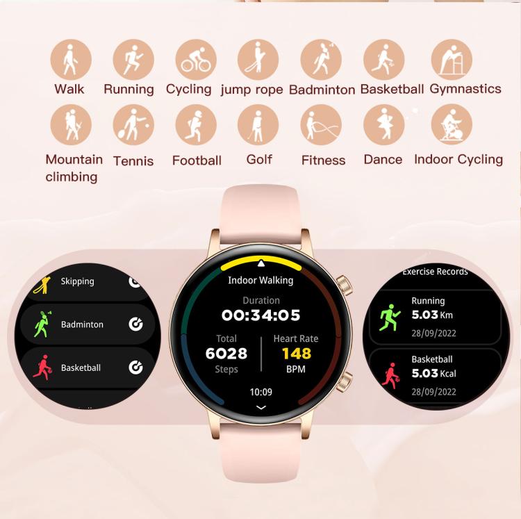 Round smartwatch with a gold-tone case, pink strap, and sports tracking display