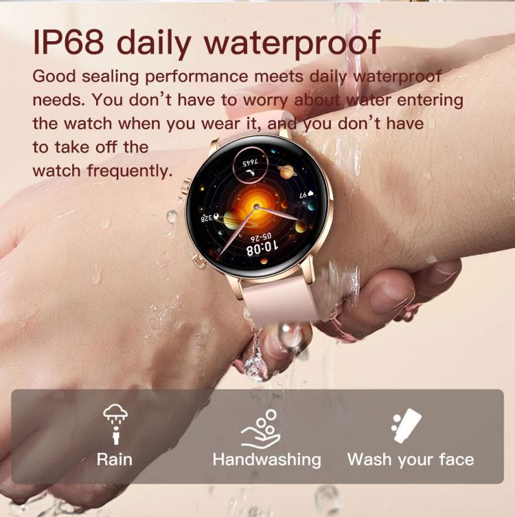 Round smartwatch with a gold-tone case, pink strap, and colorful watch face