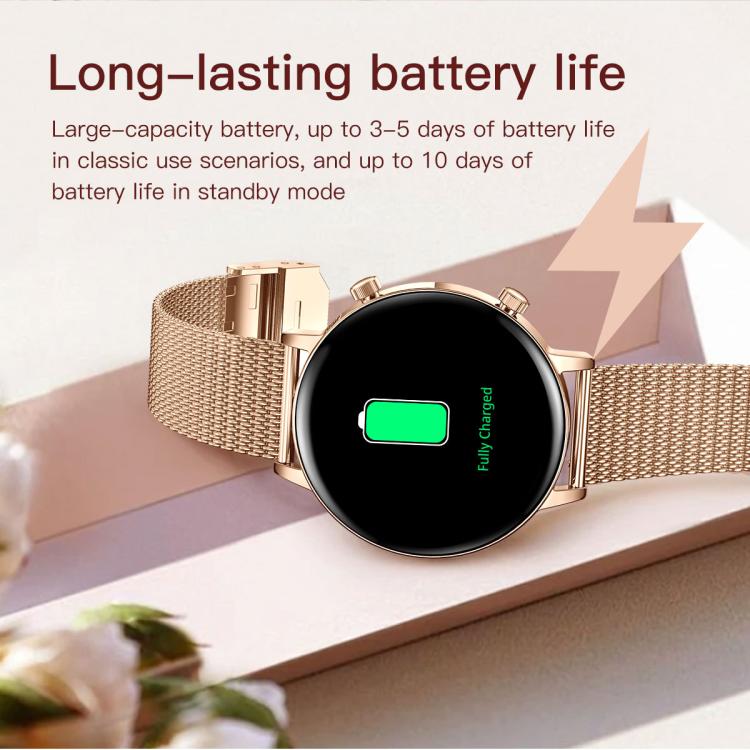 Round smartwatch with a gold-tone case, pink-gold mesh band, and charging display