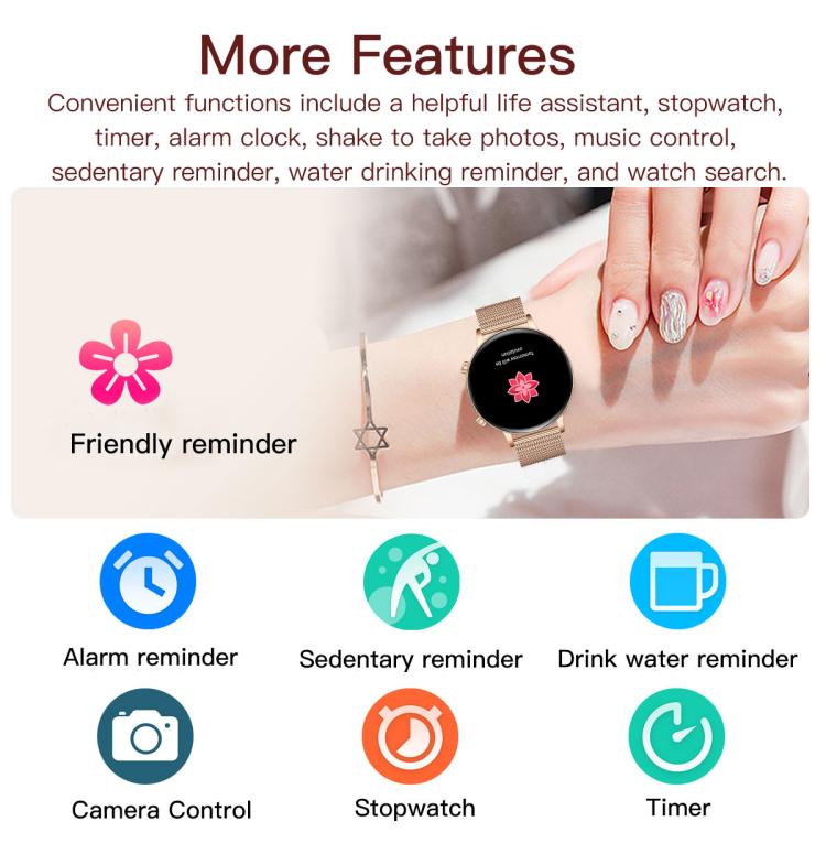 Smartwatch with rose gold mesh band shown with reminders, timer, alarm, and camera control icons.