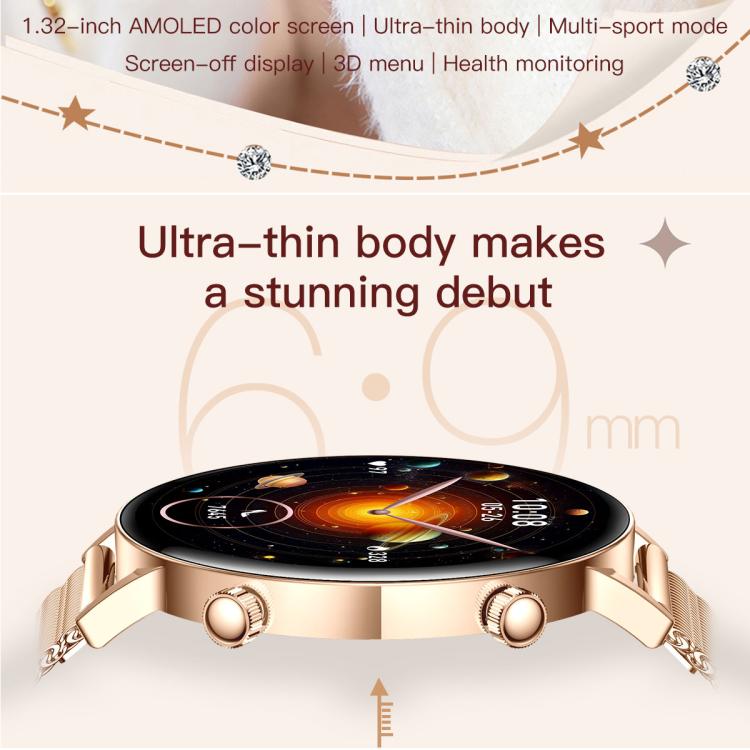 QS03 smartwatch shown edge-on, with a slim gold-tone case and metal mesh strap