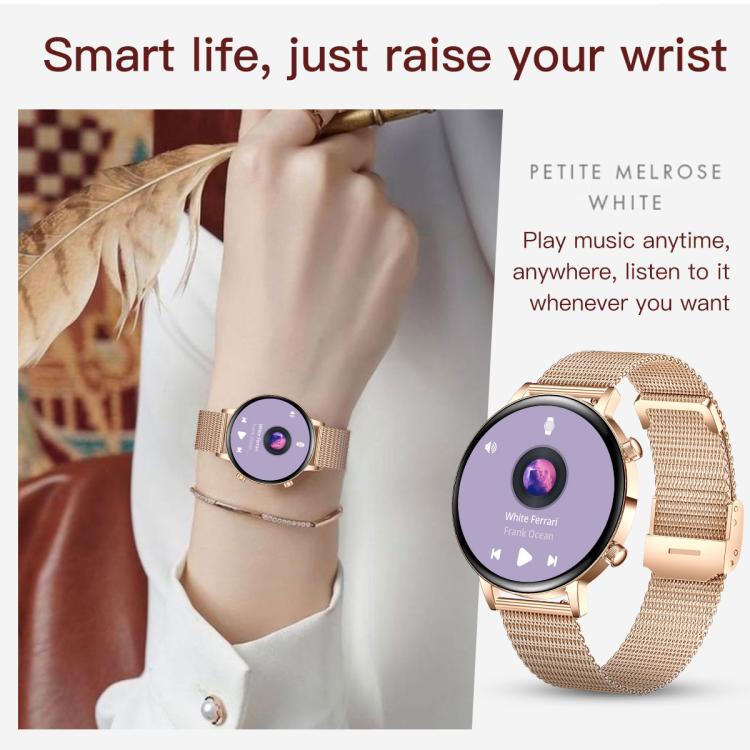 Round smartwatch with a gold-tone case, pink-gold mesh band, and music controls