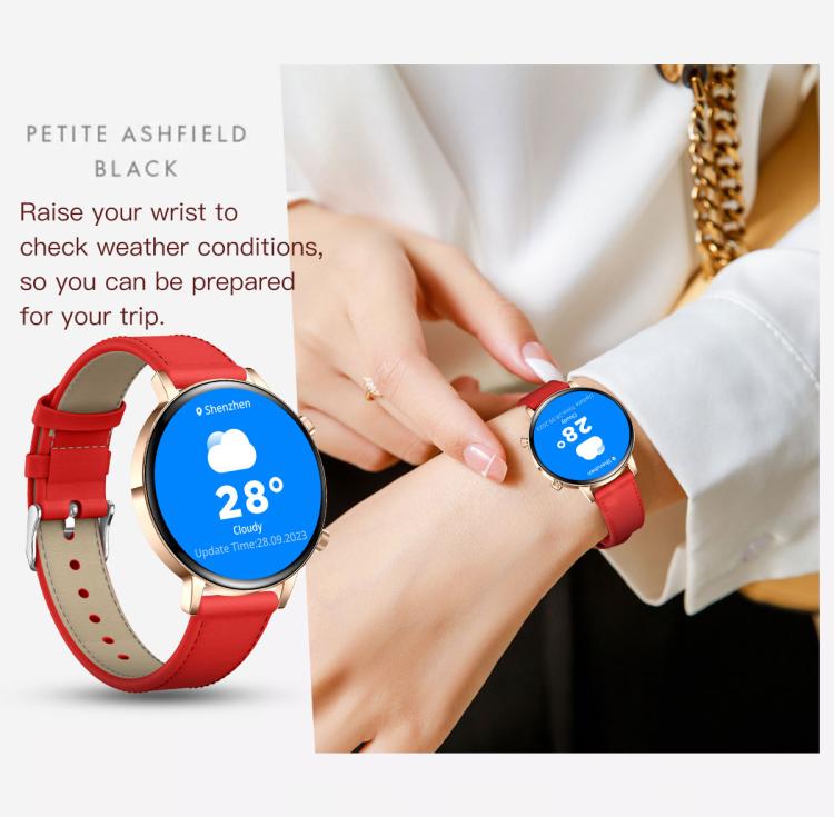Round smartwatch with a gold-tone case, red leather strap, and blue weather display