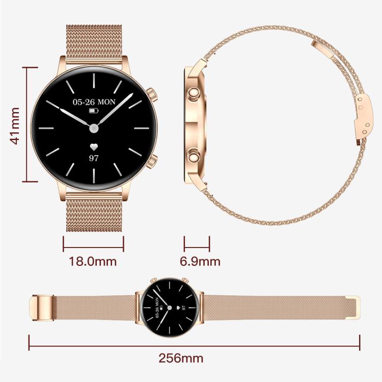 Gold-tone round smartwatch with black display and pink-gold steel mesh strap, shown from front and side