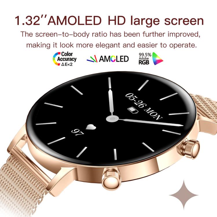 QS03 smartwatch with gold-tone case, mesh strap and black analog-style AMOLED display