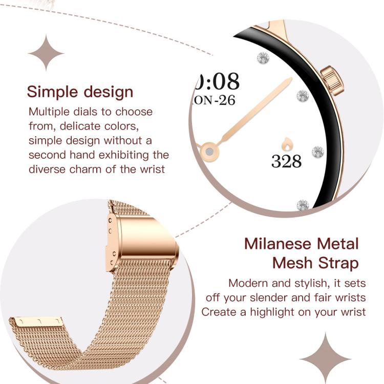 QS03 smartwatch detail showing its gold-tone mesh strap and jeweled watch face