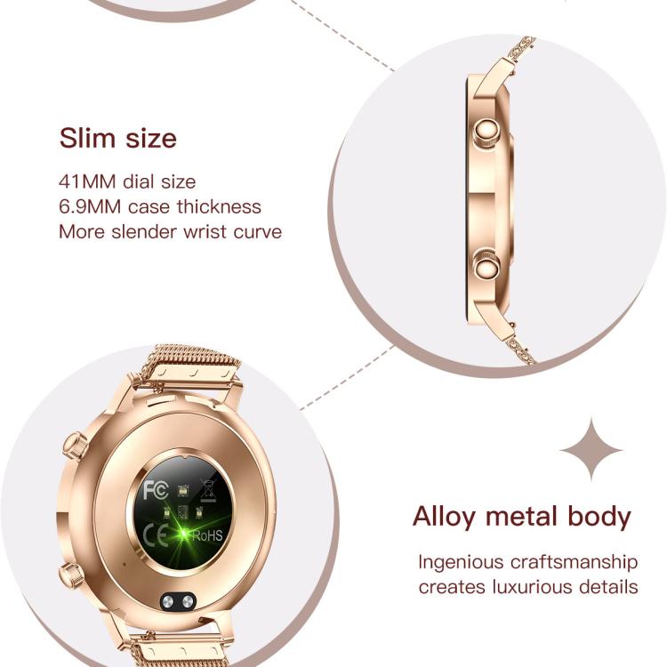 QS03 smartwatch with slim gold-tone alloy case, side buttons and mesh strap